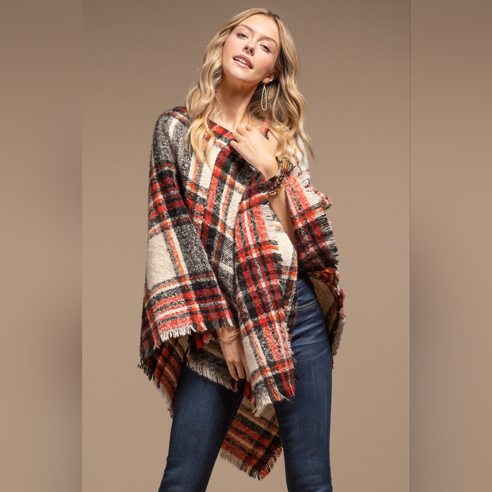 Poncho Multi Color Plaid w Frayed Fringe - Red Black & White - Picture 2 of 6